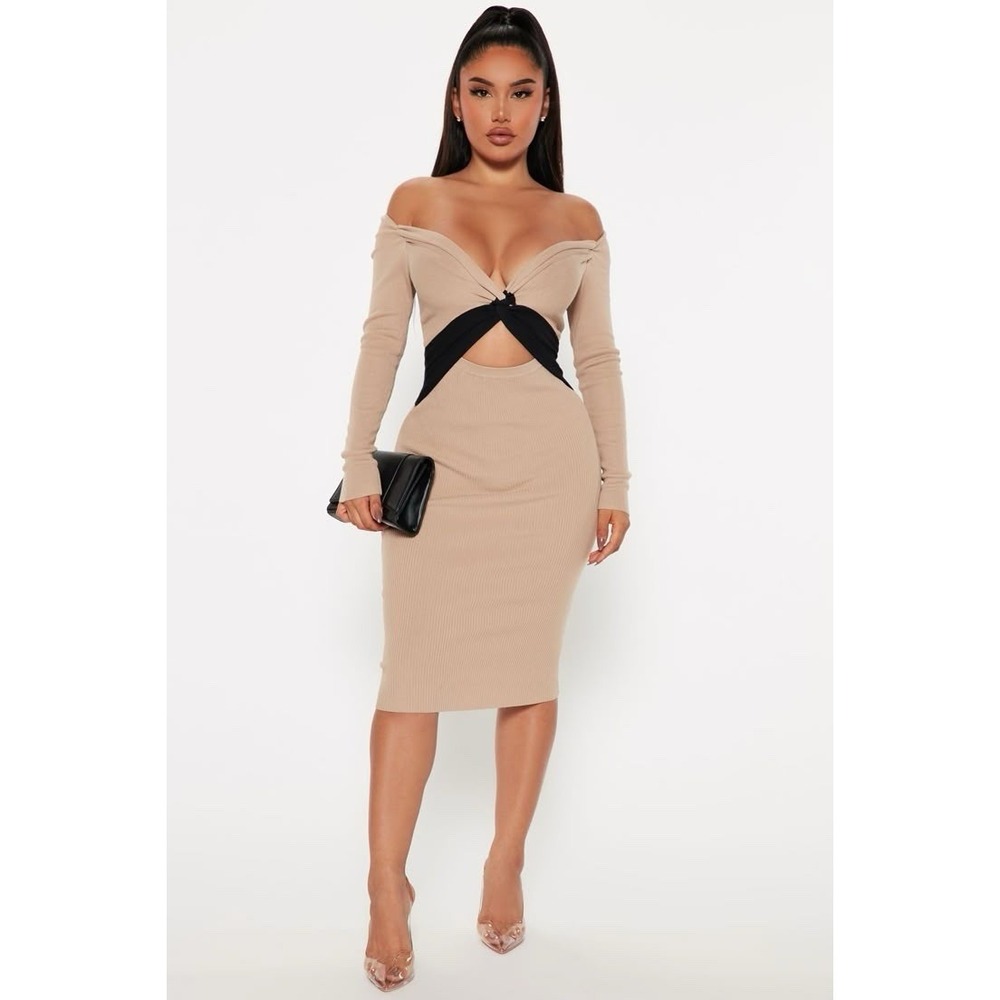Think Of You Fashion Nova‎ M Sweater Midi Dress Taupe Black Combo Ribbed Stretch